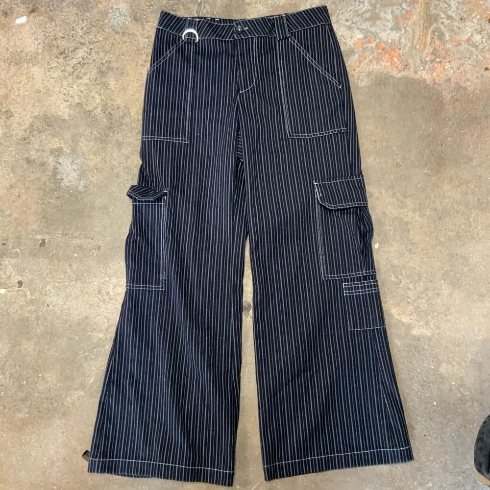 UO Y2K Punk Cargo Trousers White Striped Wide Leg Pants Jeans OBO - Picture 4 of 11